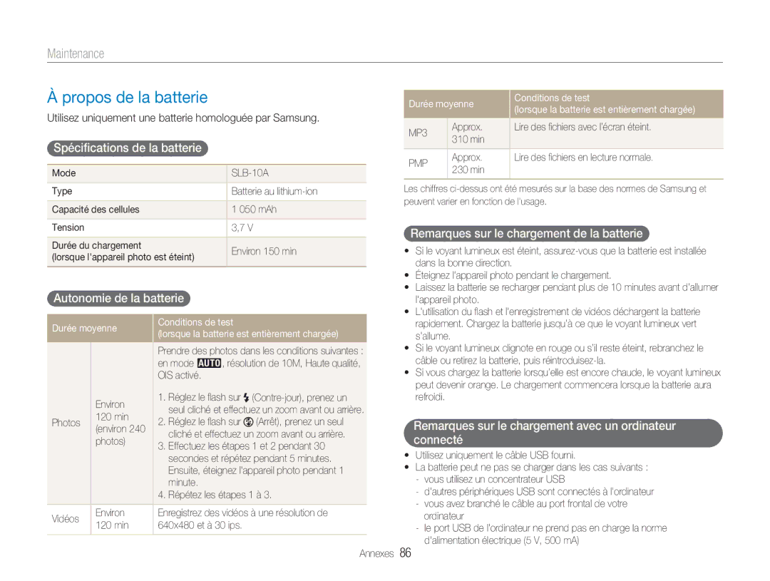 Samsung EC-NV9ZZSBA/FR, EC-NV9ZZPBA/FR manual Propos de la batterie, Spéciﬁcations de la batterie, Autonomie de la batterie 