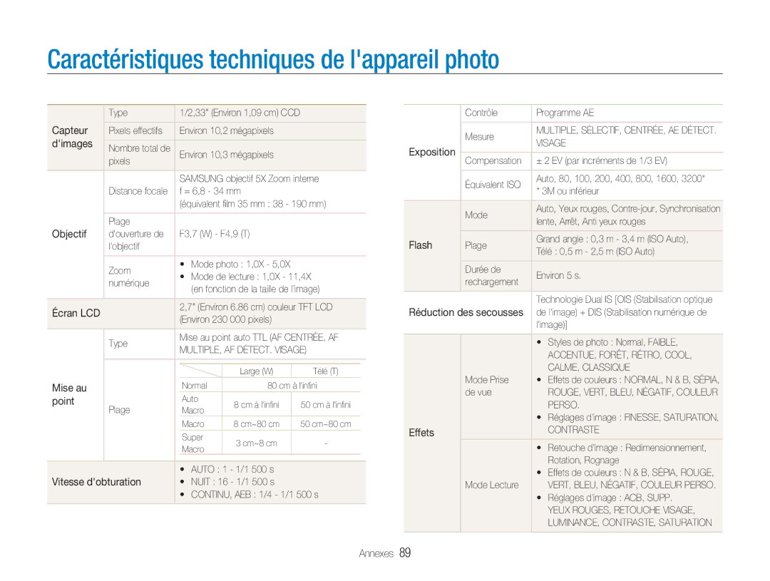 Samsung EC-NV9ZZSBA/FR, EC-NV9ZZPBA/FR, EC-NV9ZZBBA/FR manual Caractéristiques techniques de lappareil photo 