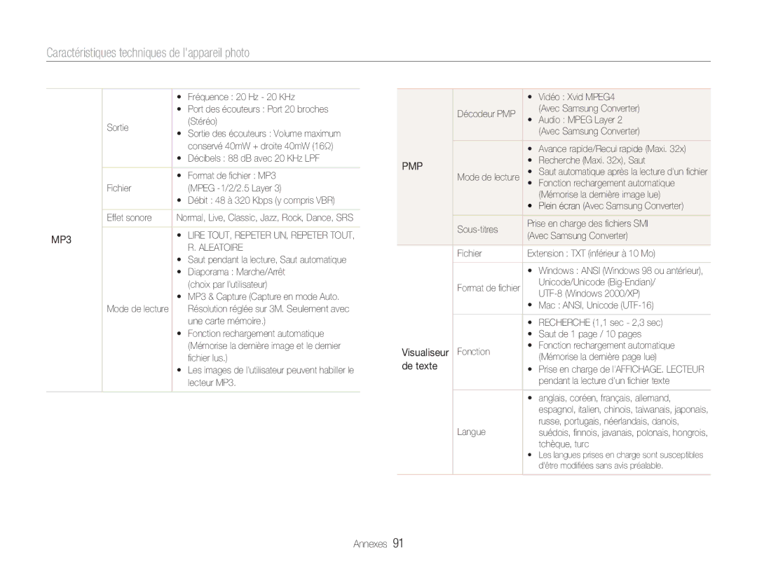 Samsung EC-NV9ZZBBA/FR, EC-NV9ZZSBA/FR, EC-NV9ZZPBA/FR manual MP3, Pmp, De texte 