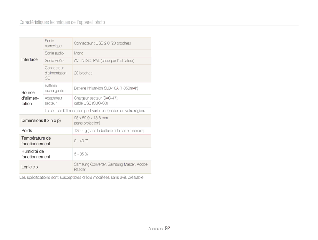 Samsung EC-NV9ZZSBA/FR Interface, Source, Dalimen, Tation, Dimensions l x h x p, Poids, Température de, Fonctionnement 