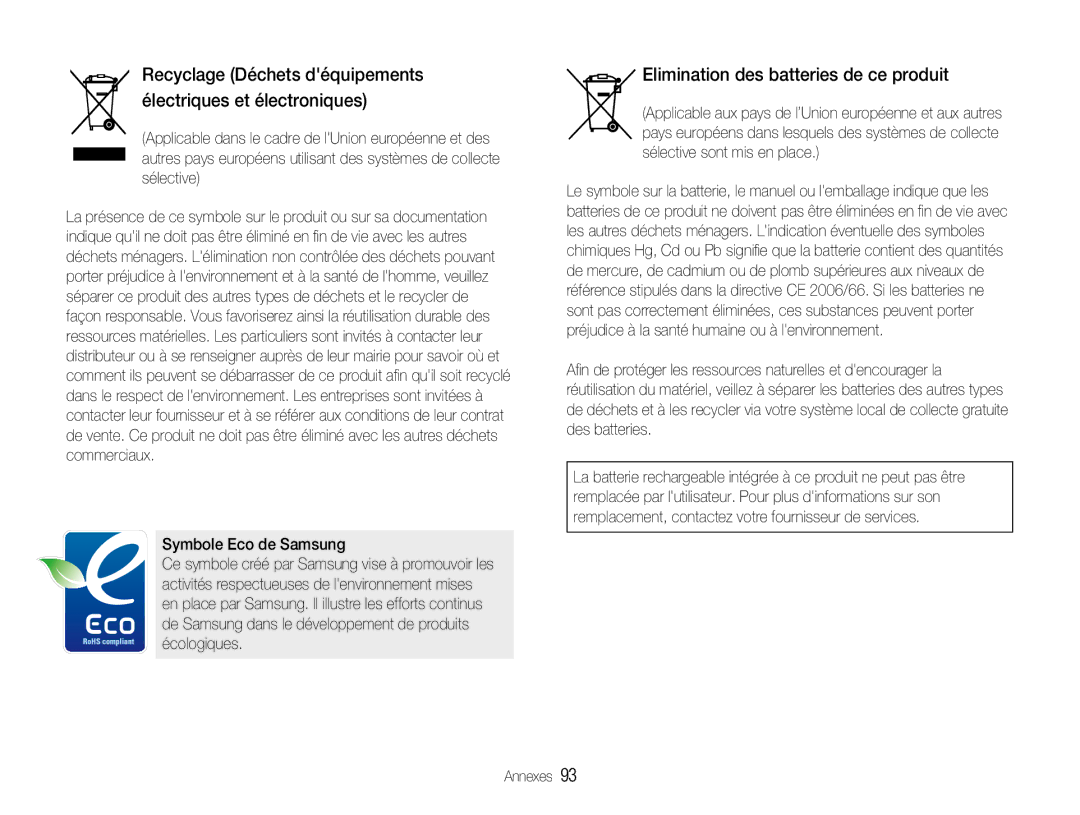 Samsung EC-NV9ZZPBA/FR, EC-NV9ZZSBA/FR, EC-NV9ZZBBA/FR manual Elimination des batteries de ce produit 