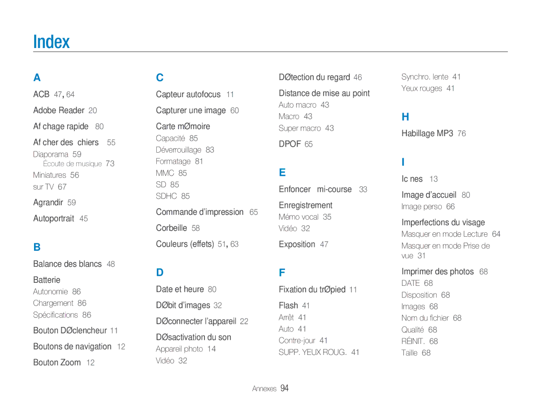 Samsung EC-NV9ZZBBA/FR, EC-NV9ZZSBA/FR, EC-NV9ZZPBA/FR manual Index, Sdhc, SUPP. Yeux Roug 