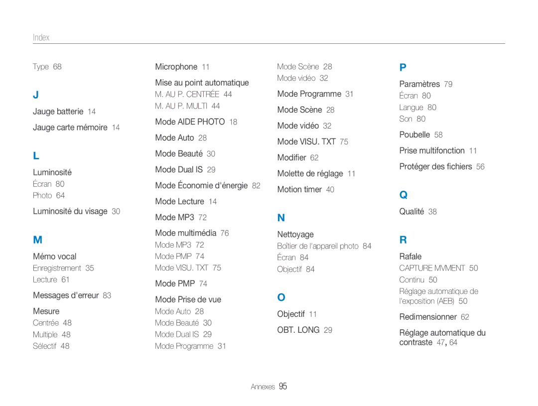 Samsung EC-NV9ZZSBA/FR, EC-NV9ZZPBA/FR, EC-NV9ZZBBA/FR manual Index, AU P. Centrée AU P. Multi 