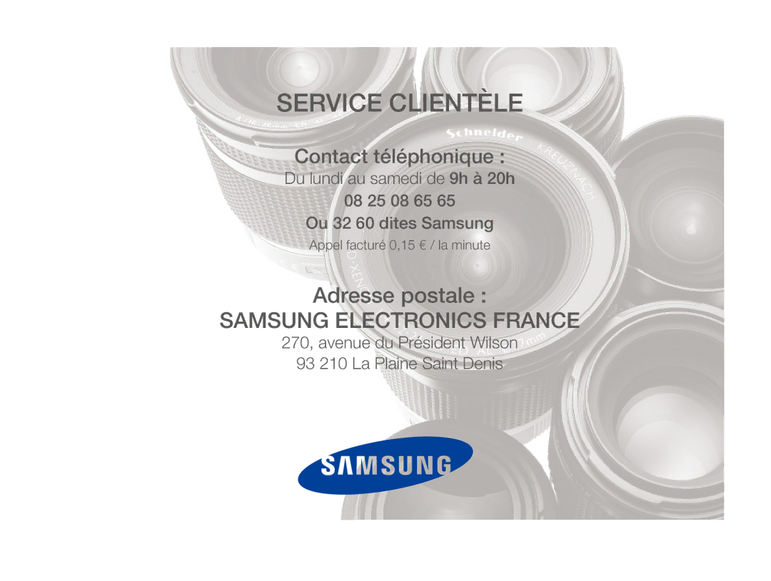 Samsung EC-NV9ZZBBA/FR, EC-NV9ZZSBA/FR, EC-NV9ZZPBA/FR manual Service Clientèle 