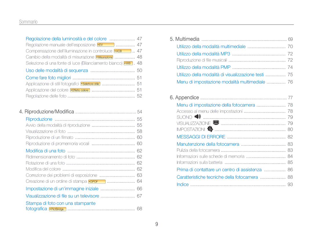 Samsung EC-NV9ZZBBA/IT, EC-NV9ZZSBA/IT, EC-NV9ZZPBA/IT manual Sommario, Suono Visualizzazione Impostazioni Messaggi DI Errore 