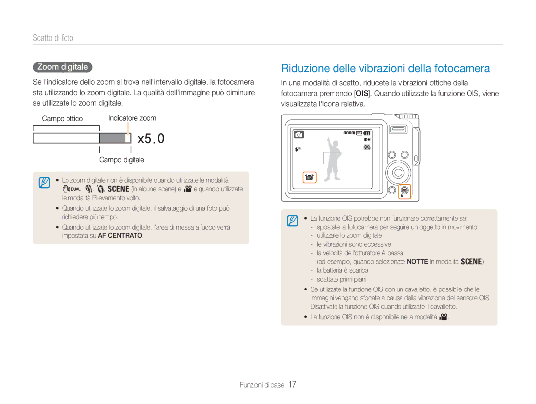 Samsung EC-NV9ZZSBA/IT manual Riduzione delle vibrazioni della fotocamera, Scatto di foto, Zoom digitale, Campo digitale 