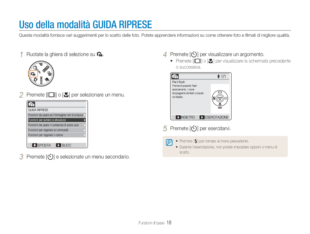 Samsung EC-NV9ZZPBA/IT, EC-NV9ZZSBA/IT, EC-NV9ZZBBB/IT manual Uso della modalità Guida Riprese, Premete t per esercitarvi 