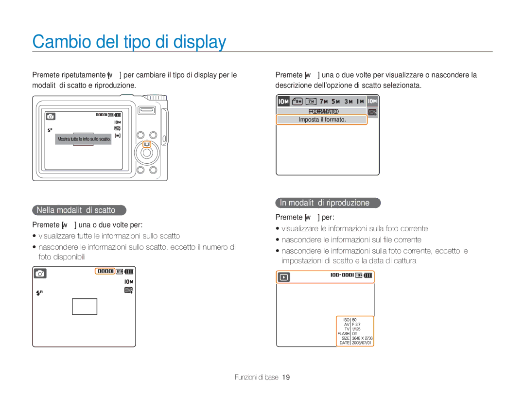 Samsung EC-NV9ZZBBB/IT, EC-NV9ZZSBA/IT manual Cambio del tipo di display, Nella modalità di scatto, Modalità di riproduzione 