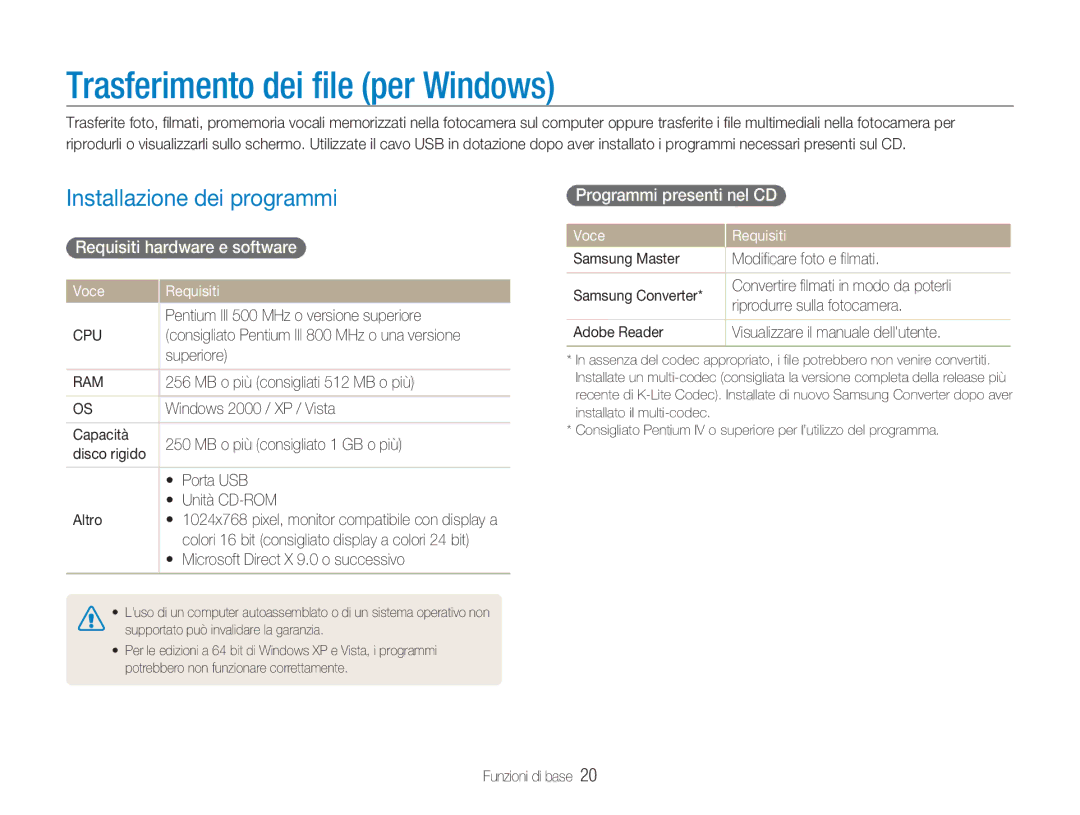 Samsung EC-NV9ZZPBB/IT manual Trasferimento dei ﬁle per Windows, Installazione dei programmi, Requisiti hardware e software 