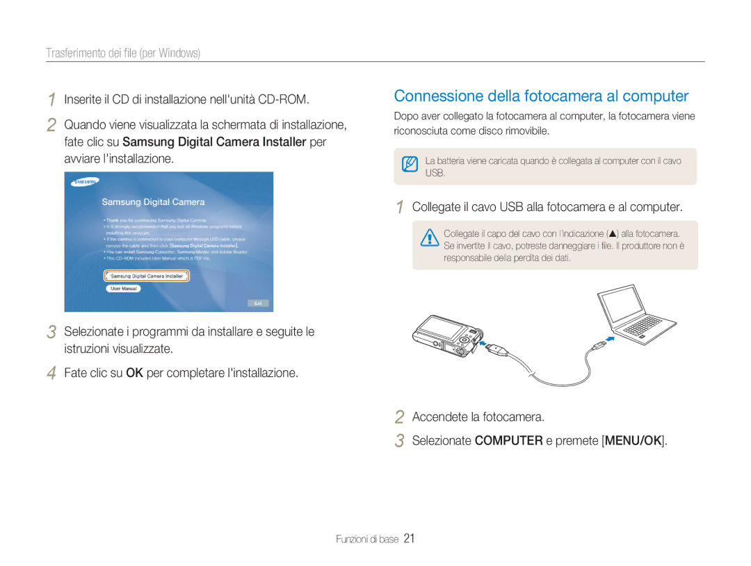 Samsung EC-NV9ZZBBA/IT, EC-NV9ZZSBA/IT manual Connessione della fotocamera al computer, Trasferimento dei ﬁle per Windows 