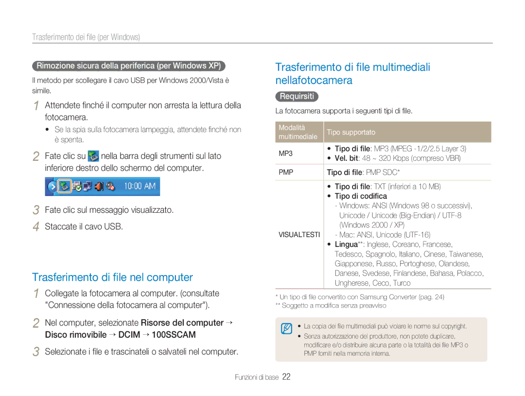 Samsung EC-NV9ZZSBB/IT manual Trasferimento di ﬁle nel computer, Trasferimento di ﬁle multimediali nellafotocamera 