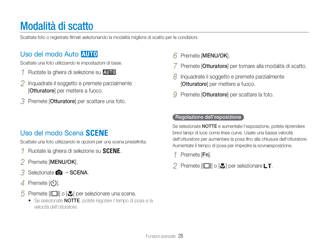 Samsung EC-NV9ZZSBB/IT, EC-NV9ZZSBA/IT, EC-NV9ZZPBA/IT manual Modalità di scatto, Uso del modo Auto, Uso del modo Scena 