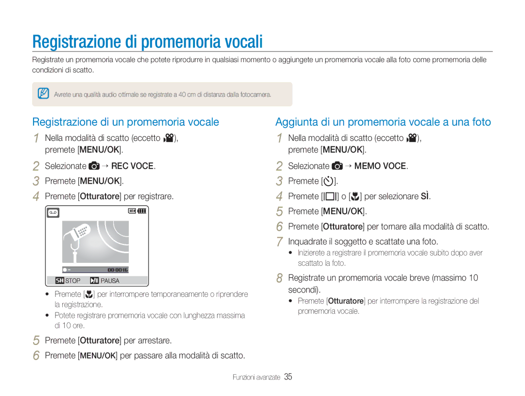 Samsung EC-NV9ZZSBA/IT, EC-NV9ZZPBA/IT manual Registrazione di promemoria vocali, Registrazione di un promemoria vocale 