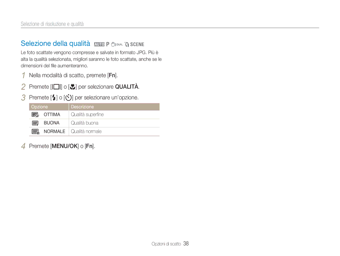 Samsung EC-NV9ZZPBB/IT manual Selezione della qualità 2 1 7 5, Selezione di risoluzione e qualità, OpzioneDescrizione 