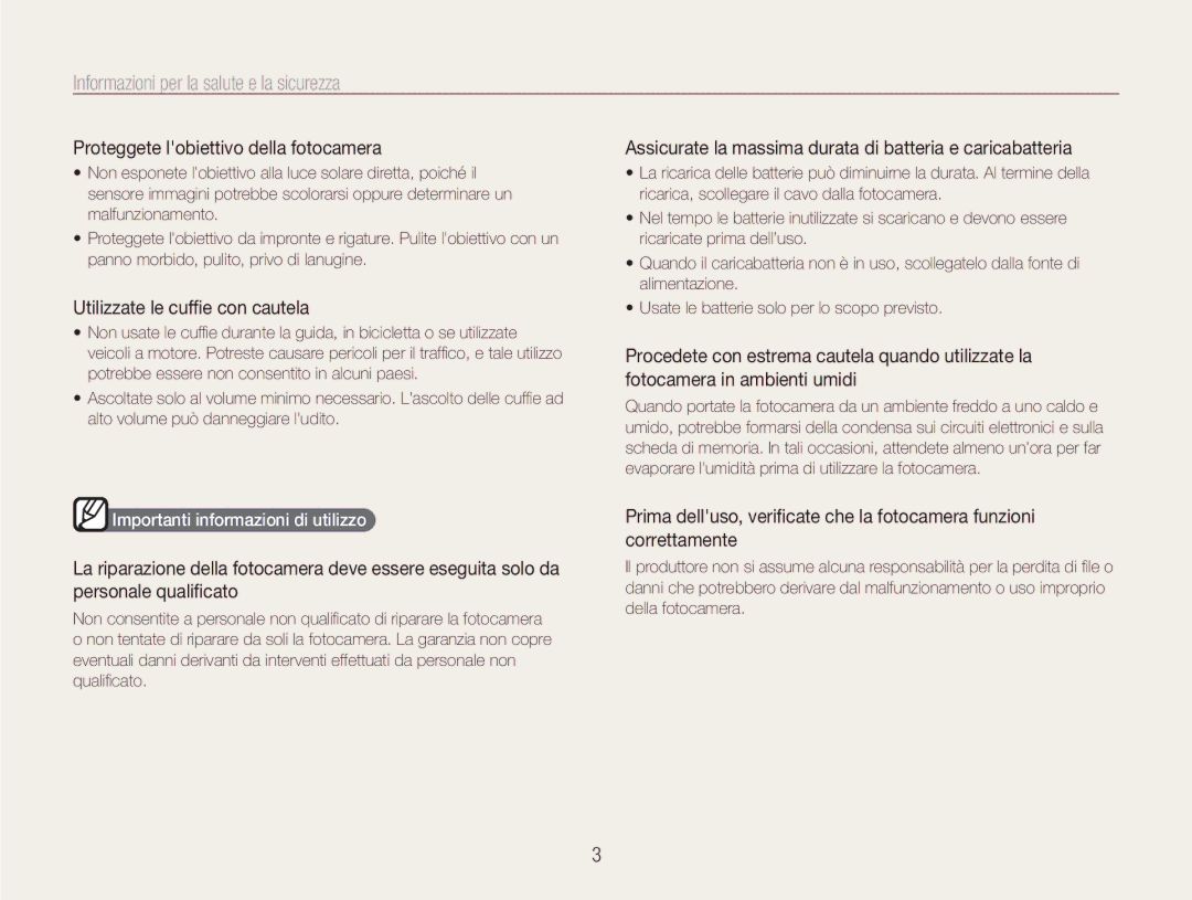Samsung EC-NV9ZZBBA/IT, EC-NV9ZZSBA/IT manual Proteggete lobiettivo della fotocamera, Importanti informazioni di utilizzo 
