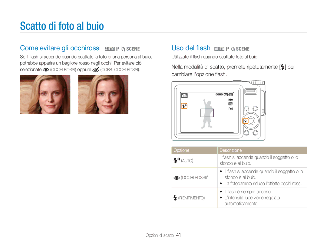 Samsung EC-NV9ZZSBA/IT manual Scatto di foto al buio, Come evitare gli occhirossi 2 1 5, Uso del ﬂash 2 1 5, Opzione 