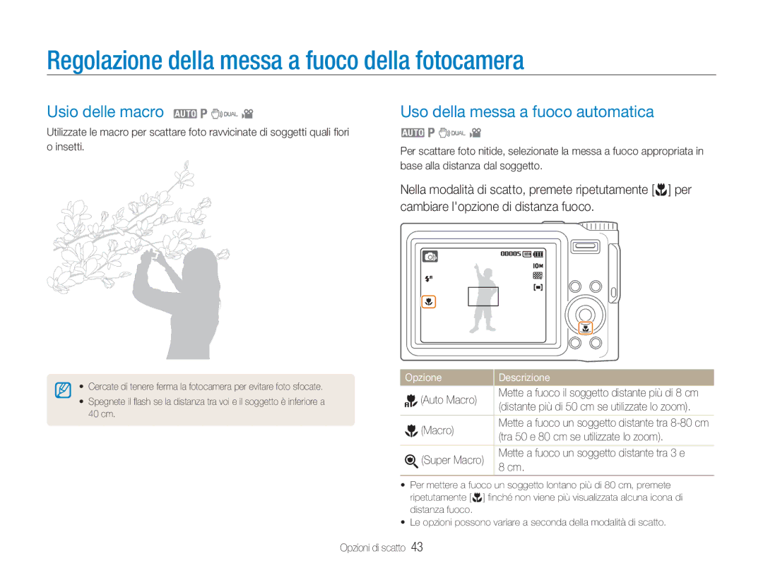 Samsung EC-NV9ZZBBB/IT, EC-NV9ZZSBA/IT, EC-NV9ZZPBA/IT, EC-NV9ZZPBB/IT manual Regolazione della messa a fuoco della fotocamera 