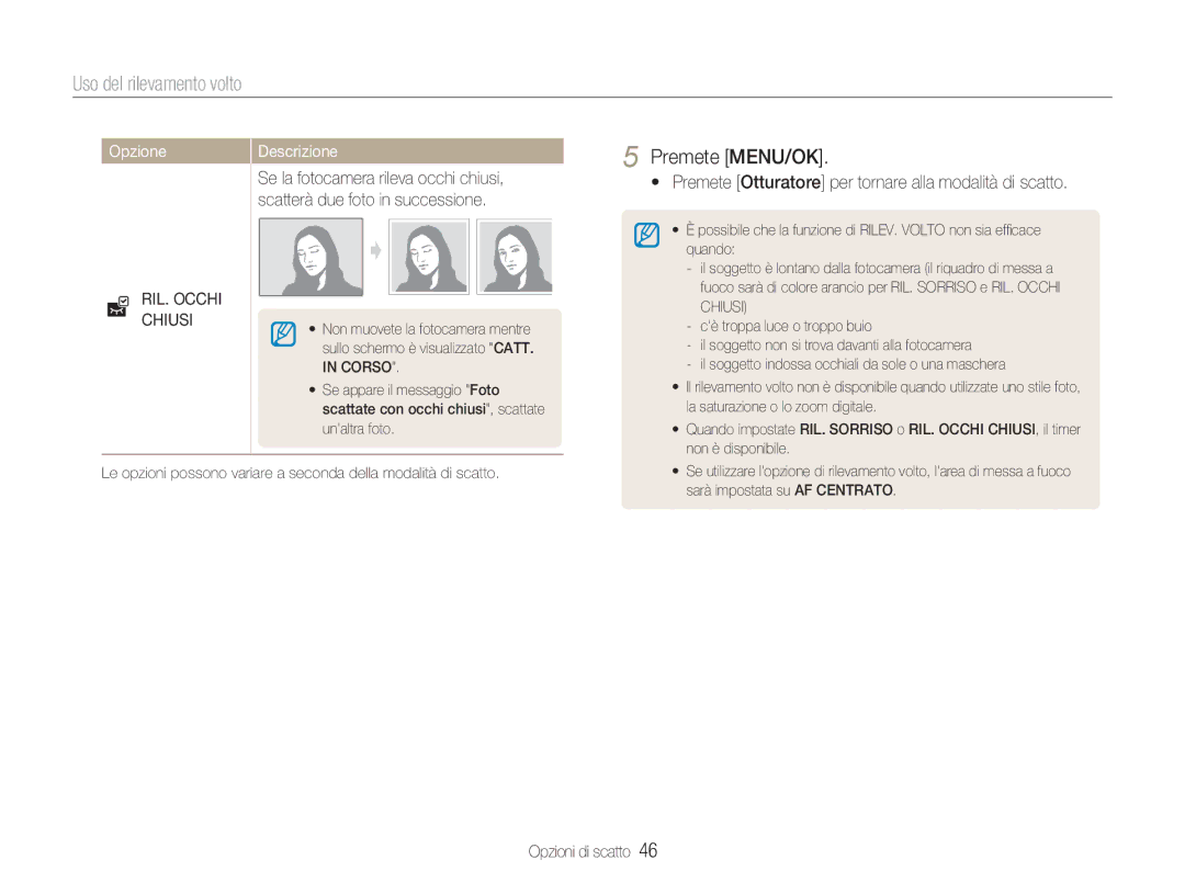 Samsung EC-NV9ZZSBB/IT, EC-NV9ZZSBA/IT, EC-NV9ZZPBA/IT, EC-NV9ZZBBB/IT manual Uso del rilevamento volto, RIL. Occhi Chiusi 