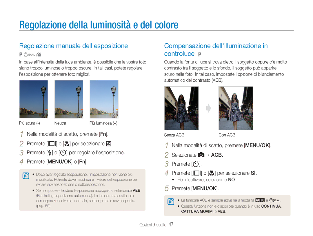 Samsung EC-NV9ZZSBA/IT Regolazione della luminosità e del colore, Regolazione manuale dellesposizione, Selezionate “ ACB 