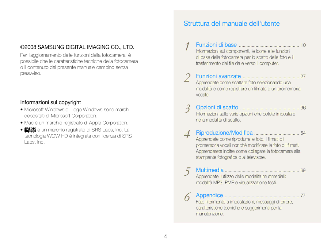 Samsung EC-NV9ZZSBB/IT, EC-NV9ZZSBA/IT, EC-NV9ZZPBA/IT, EC-NV9ZZBBB/IT, EC-NV9ZZPBB/IT Struttura del manuale dellutente 