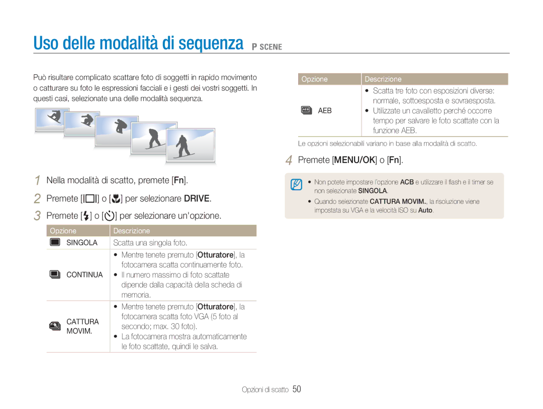 Samsung EC-NV9ZZPBB/IT, EC-NV9ZZSBA/IT, EC-NV9ZZPBA/IT manual Uso delle modalità di sequenza 1, Continua, Cattura, Movim 