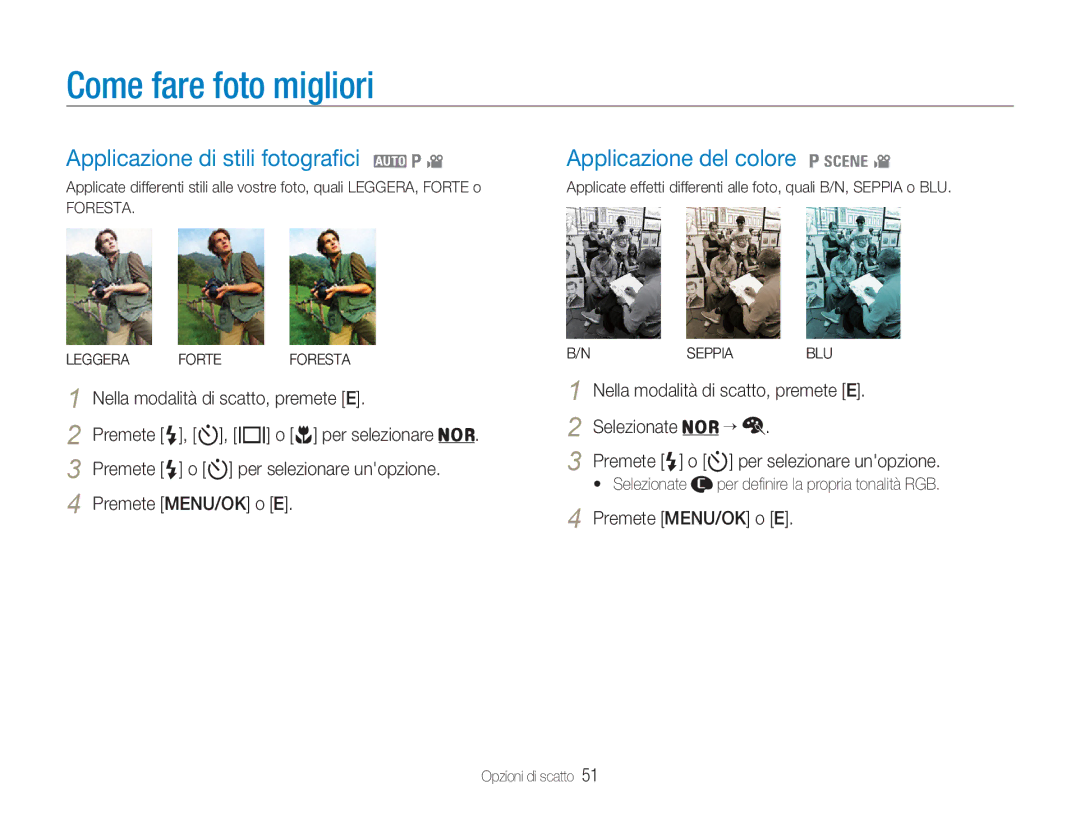 Samsung EC-NV9ZZBBA/IT manual Come fare foto migliori, Applicazione di stili fotograﬁci 2 1, Applicazione del colore 1 4 