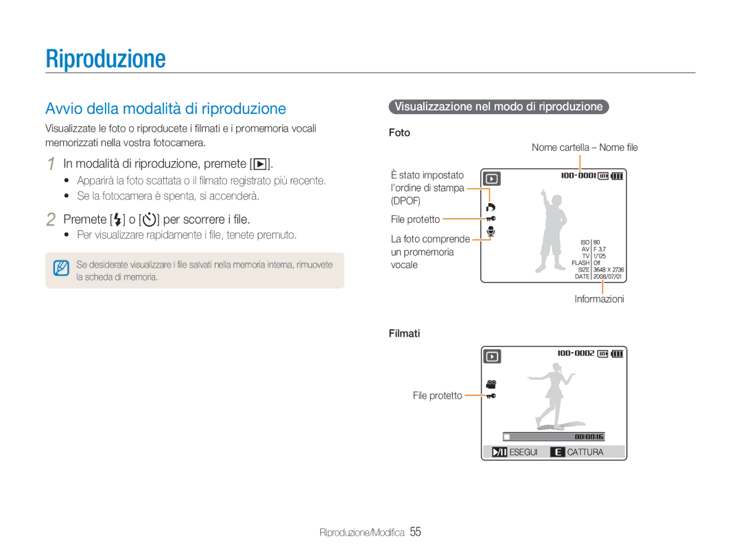 Samsung EC-NV9ZZBBB/IT manual Riproduzione, Avvio della modalità di riproduzione, Modalità di riproduzione, premete y 