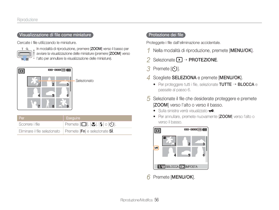 Samsung EC-NV9ZZPBB/IT Riproduzione, Premete t Scegliete Seleziona e premete MENU/OK, Zoom verso lalto o verso il basso 