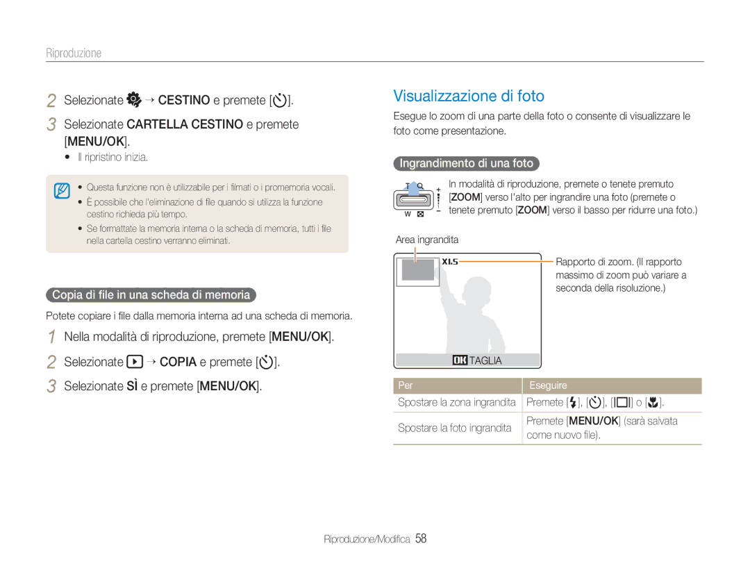 Samsung EC-NV9ZZSBB/IT Visualizzazione di foto, Copia di ﬁle in una scheda di memoria, Ingrandimento di una foto, Taglia 