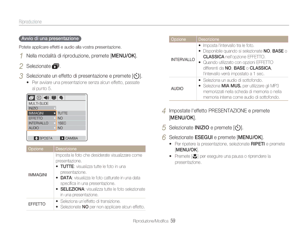 Samsung EC-NV9ZZSBA/IT, EC-NV9ZZPBA/IT, EC-NV9ZZBBB/IT, EC-NV9ZZPBB/IT Avvio di una presentazione, Immagini, Effetto, Audio 