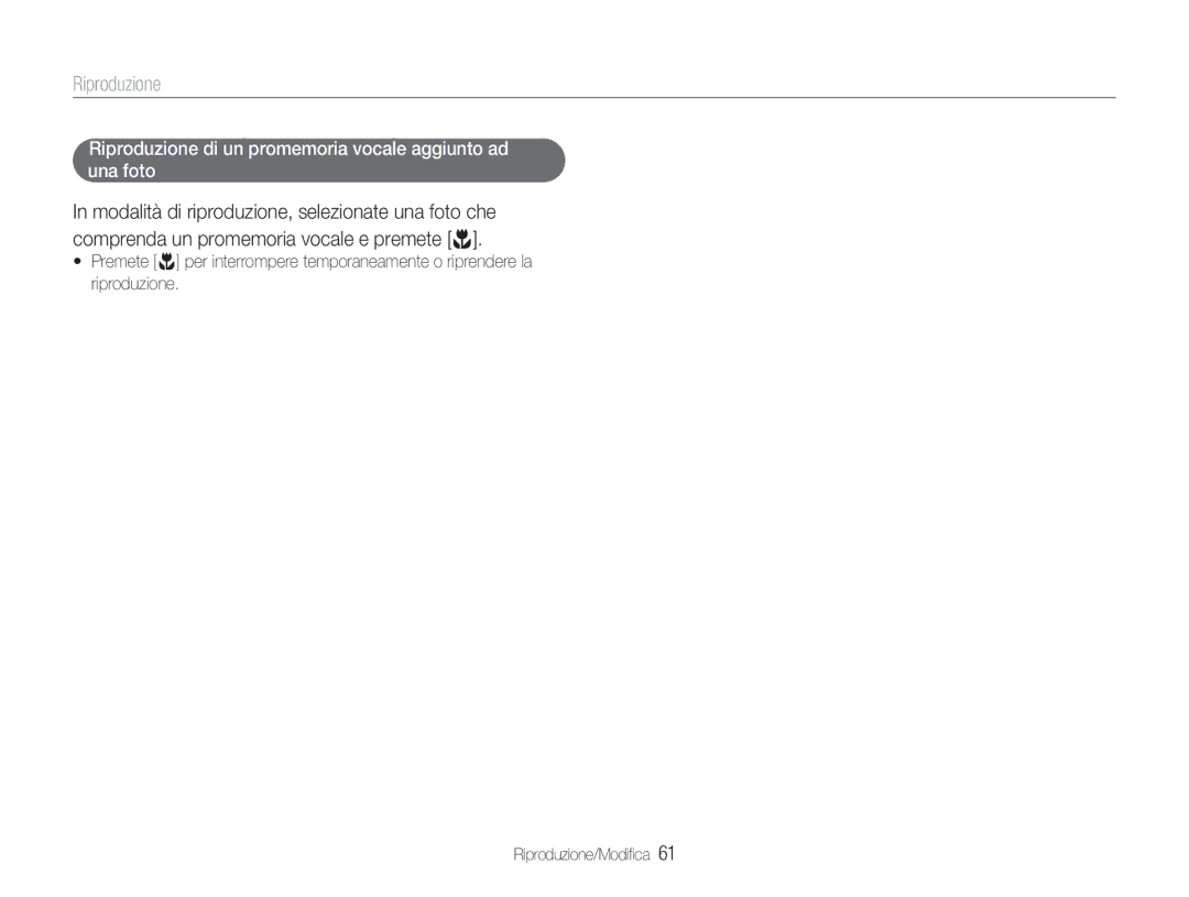 Samsung EC-NV9ZZBBB/IT, EC-NV9ZZSBA/IT, EC-NV9ZZPBA/IT manual Riproduzione di un promemoria vocale aggiunto ad una foto 