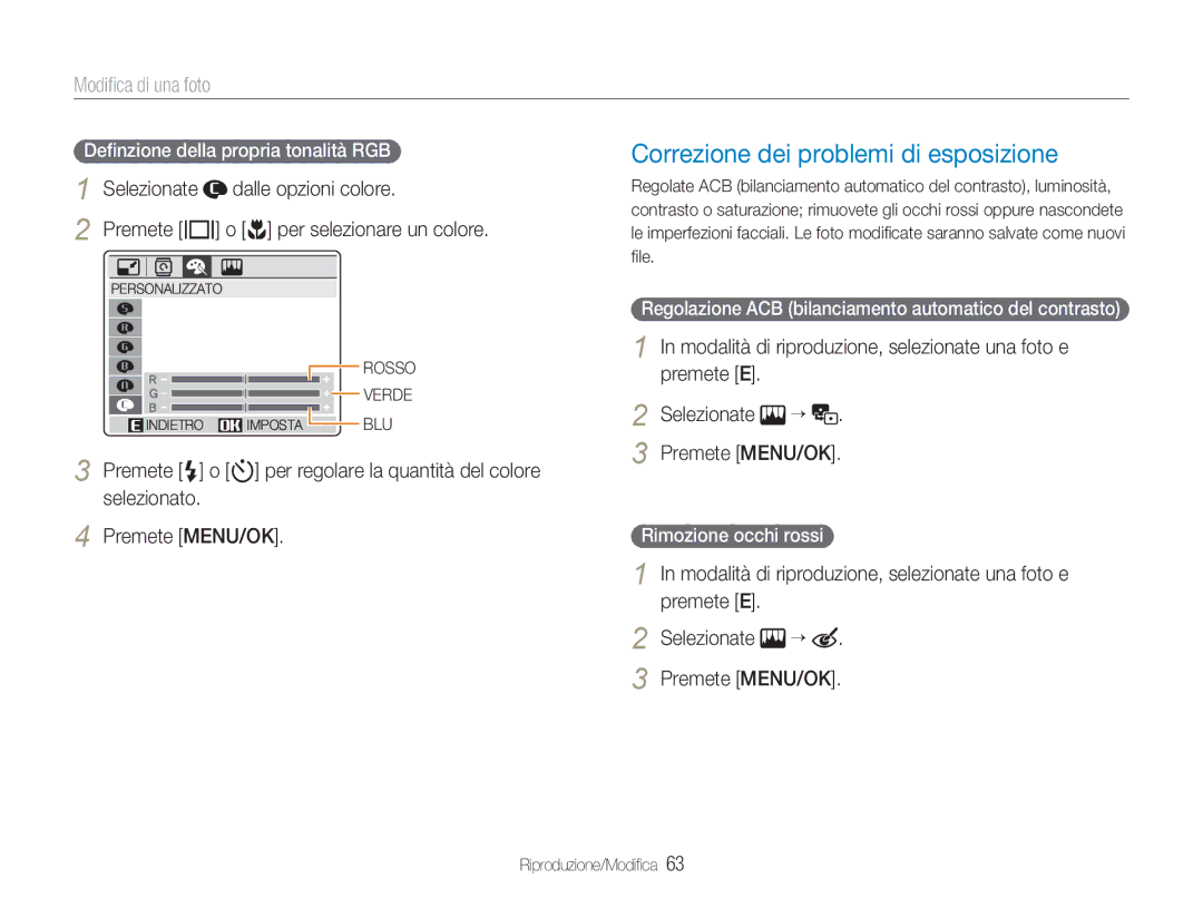 Samsung EC-NV9ZZBBA/IT, EC-NV9ZZSBA/IT Correzione dei problemi di esposizione, Modiﬁca di una foto, Dalle opzioni colore 