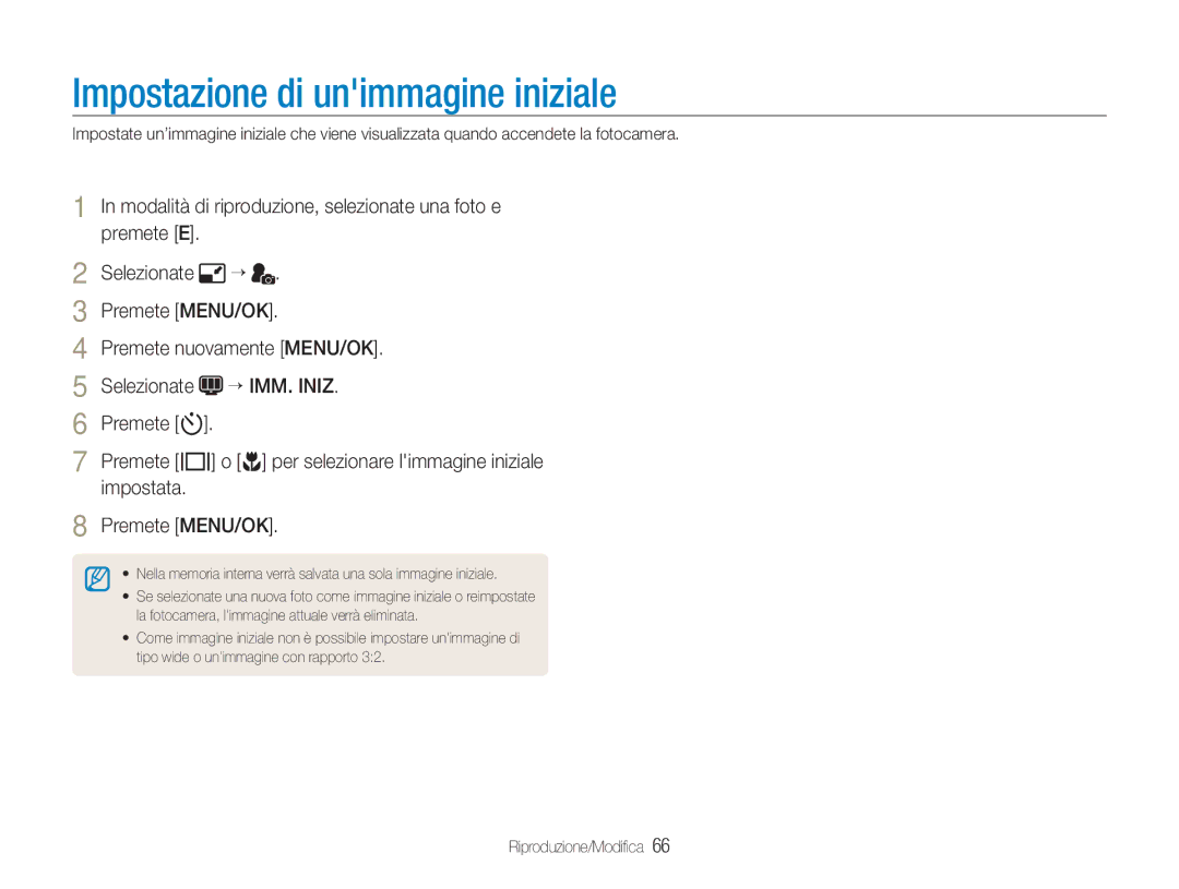 Samsung EC-NV9ZZPBA/IT, EC-NV9ZZSBA/IT, EC-NV9ZZBBB/IT manual Impostazione di unimmagine iniziale, Impostata Premete MENU/OK 