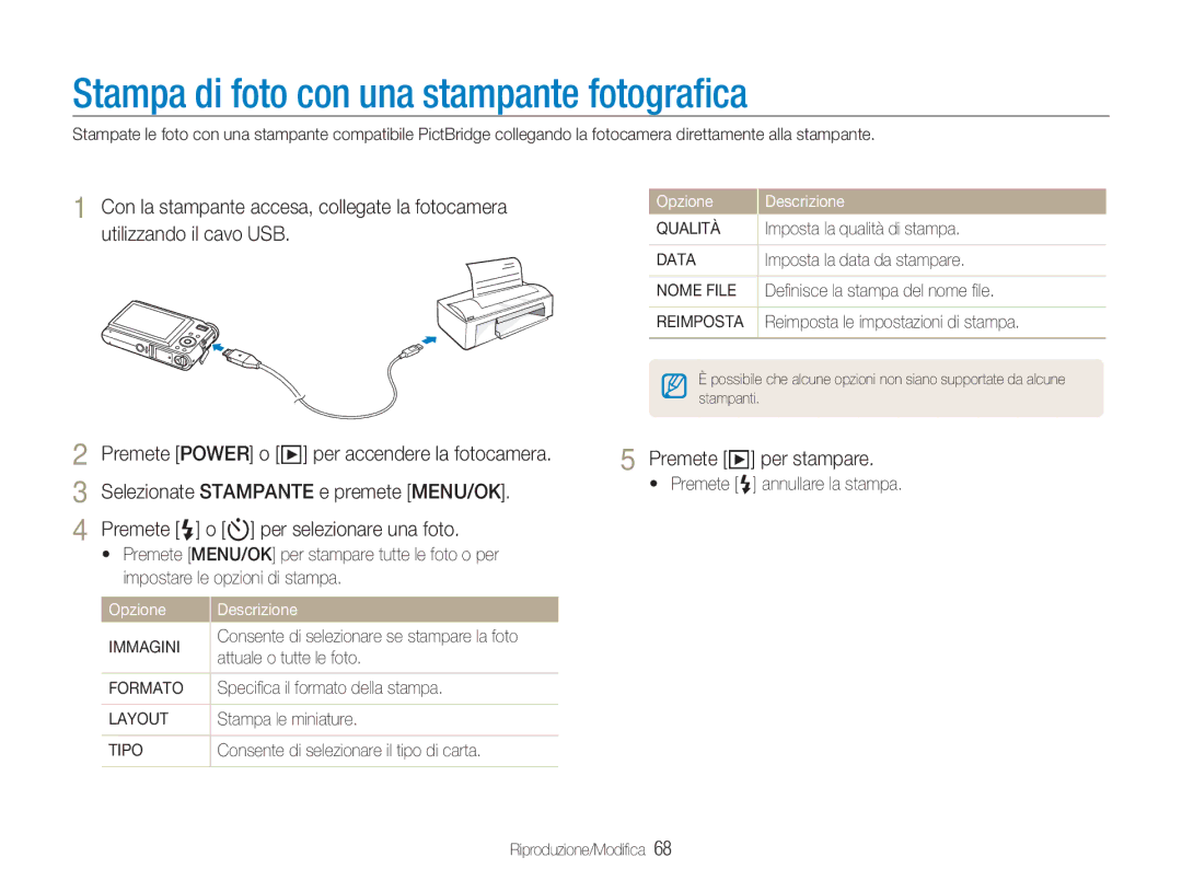 Samsung EC-NV9ZZPBB/IT, EC-NV9ZZSBA/IT Stampa di foto con una stampante fotograﬁca, Premete e o t per selezionare una foto 