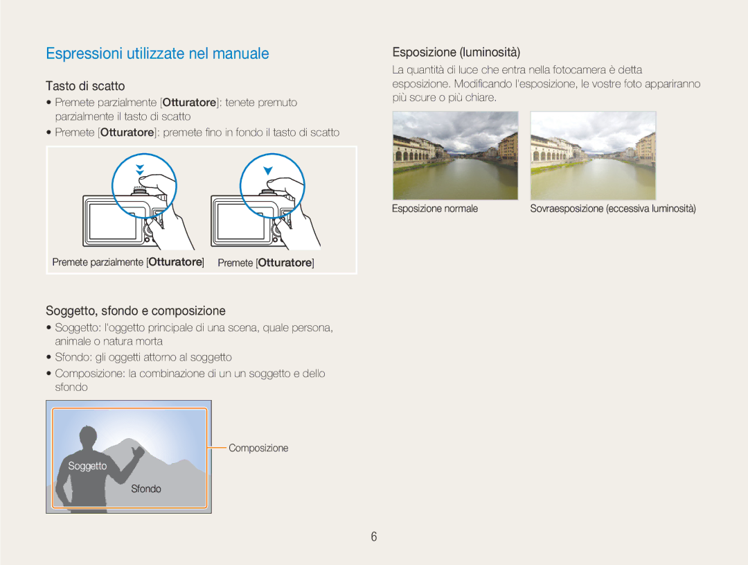 Samsung EC-NV9ZZPBA/IT Espressioni utilizzate nel manuale, Tasto di scatto, Esposizione luminosità, Soggetto 