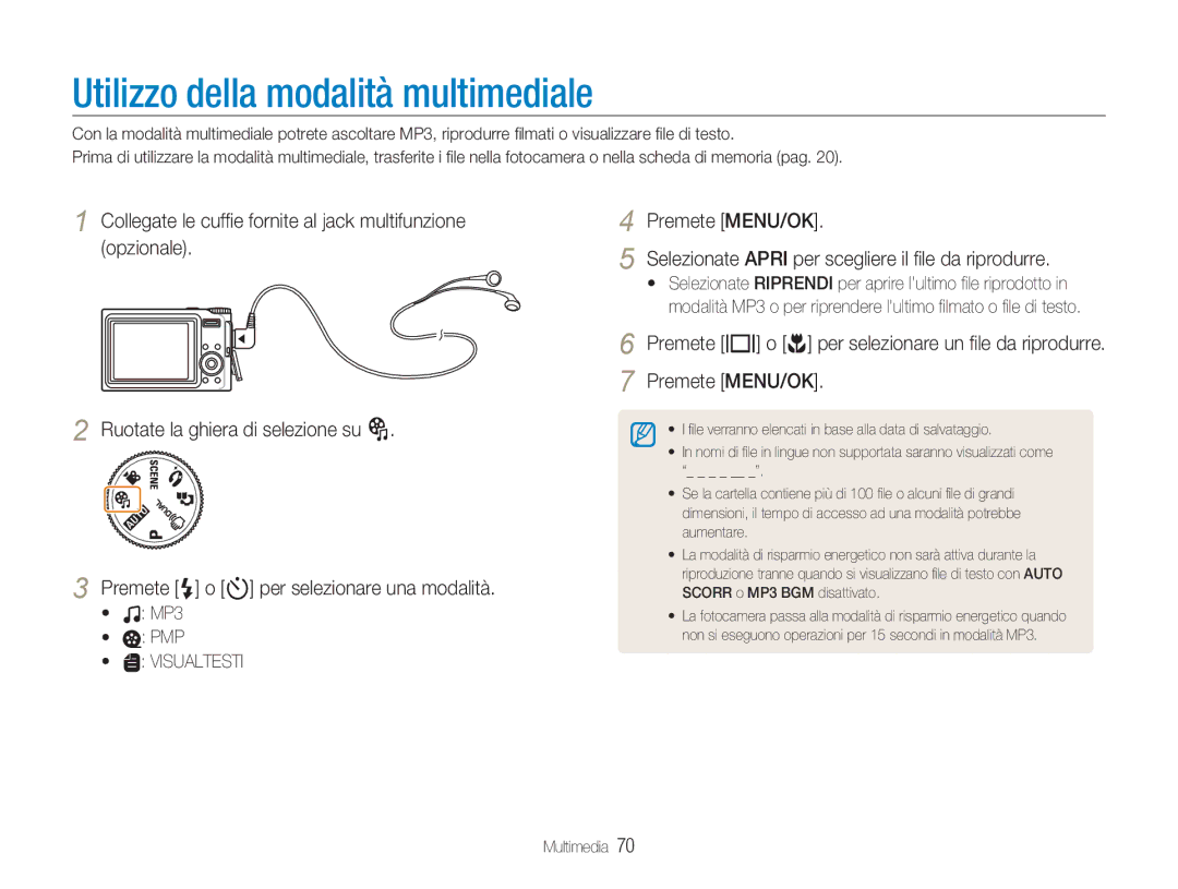 Samsung EC-NV9ZZSBB/IT, EC-NV9ZZSBA/IT, EC-NV9ZZPBA/IT, EC-NV9ZZBBB/IT manual Utilizzo della modalità multimediale, Multimedia 