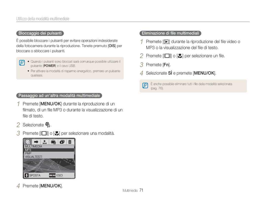 Samsung EC-NV9ZZSBA/IT Utilizzo della modalità multimediale, Bloccaggio dei pulsanti, Eliminazione di ﬁle multimediali 