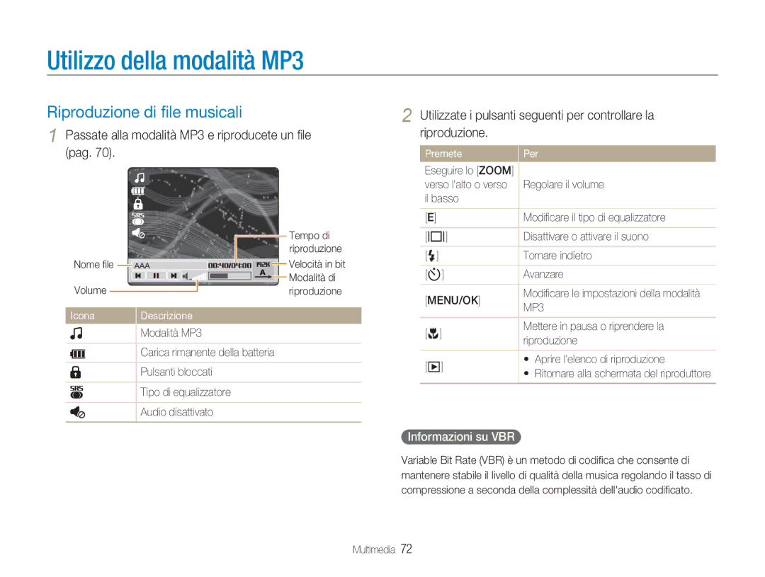 Samsung EC-NV9ZZPBA/IT, EC-NV9ZZSBA/IT manual Utilizzo della modalità MP3, Riproduzione di ﬁle musicali, Informazioni su VBR 