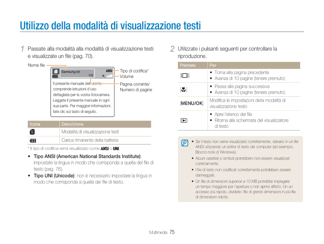 Samsung EC-NV9ZZBBA/IT, EC-NV9ZZSBA/IT, EC-NV9ZZPBA/IT, EC-NV9ZZBBB/IT manual Utilizzo della modalità di visualizzazione testi 