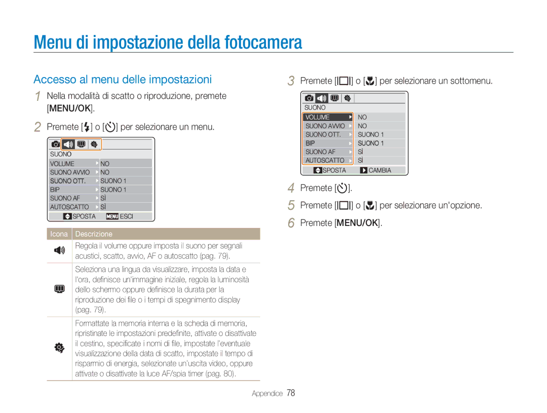 Samsung EC-NV9ZZPBA/IT manual Menu di impostazione della fotocamera, Accesso al menu delle impostazioni, Appendice 