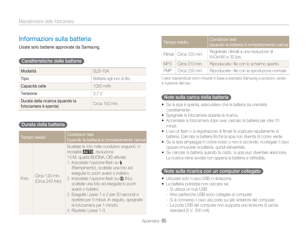 Samsung EC-NV9ZZBBB/IT manual Informazioni sulla batteria, Caratteristiche delle batterie, Durata della batteria, SLB-10A 