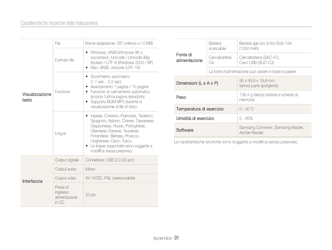 Samsung EC-NV9ZZBBB/IT Testo, Interfaccia, Dimensioni L x a x P, Peso, Temperatura di esercizio, Umidità di esercizio 