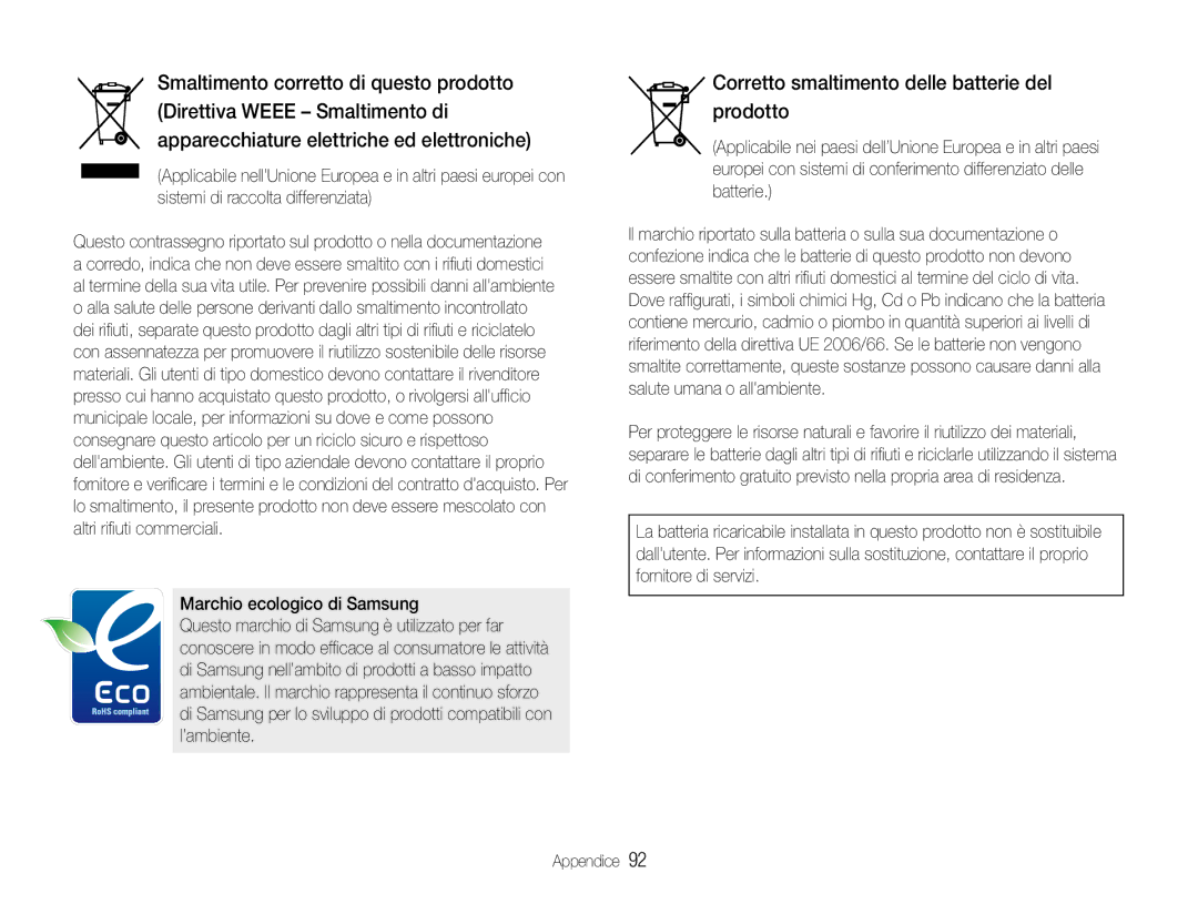 Samsung EC-NV9ZZPBB/IT, EC-NV9ZZSBA/IT, EC-NV9ZZPBA/IT, EC-NV9ZZBBB/IT manual Corretto smaltimento delle batterie del prodotto 