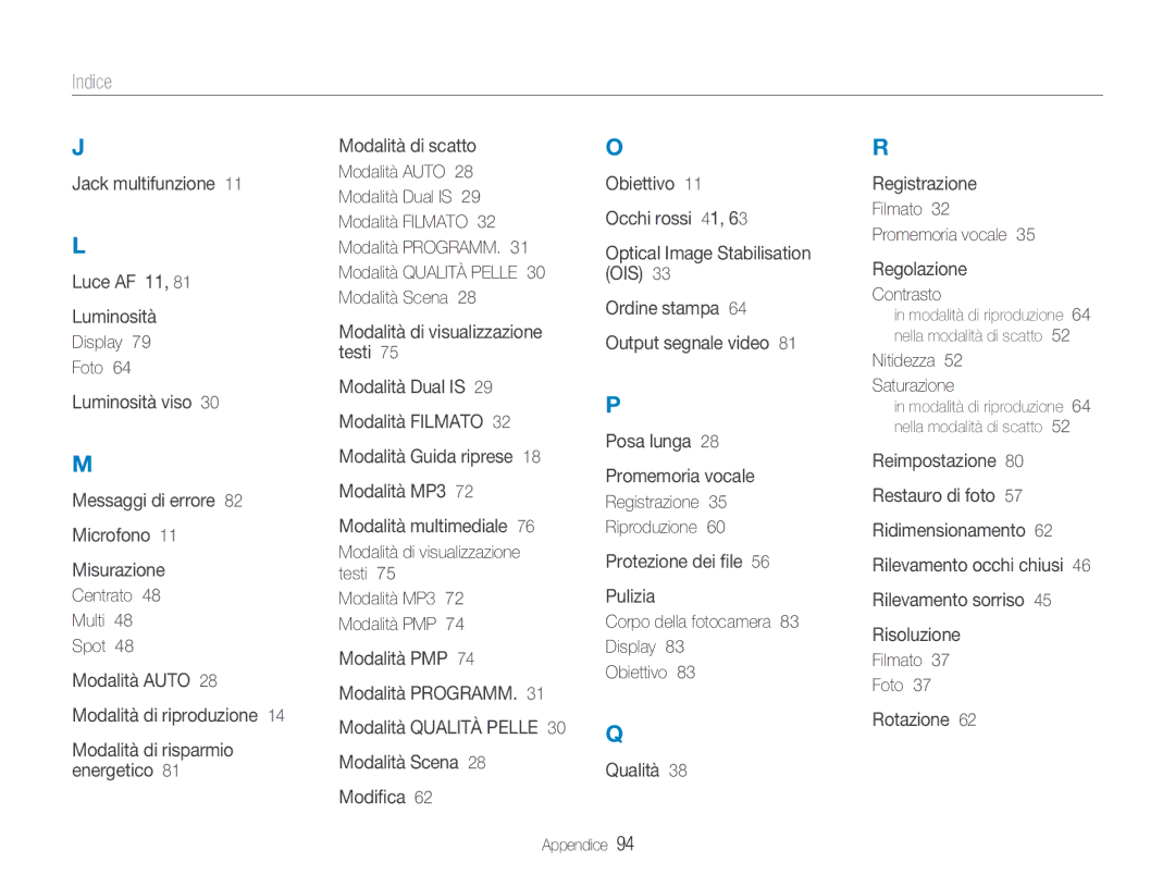 Samsung EC-NV9ZZSBB/IT, EC-NV9ZZSBA/IT, EC-NV9ZZPBA/IT, EC-NV9ZZBBB/IT, EC-NV9ZZPBB/IT, EC-NV9ZZBBA/IT manual Indice 