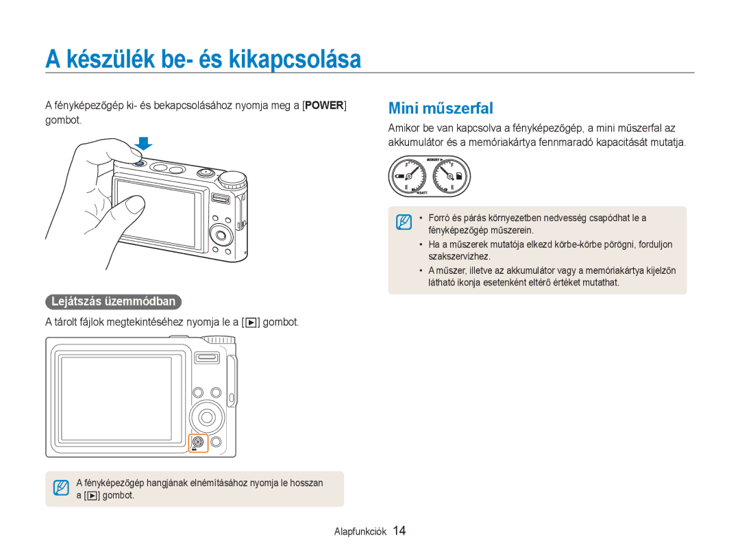 Samsung EC-NV9ZZSBB/IT, EC-NV9ZZBBA/E3, EC-NV9ZZSBA/E3 Készülék be- és kikapcsolása, Mini mĦszerfal, Lejátszás üzemmódban 