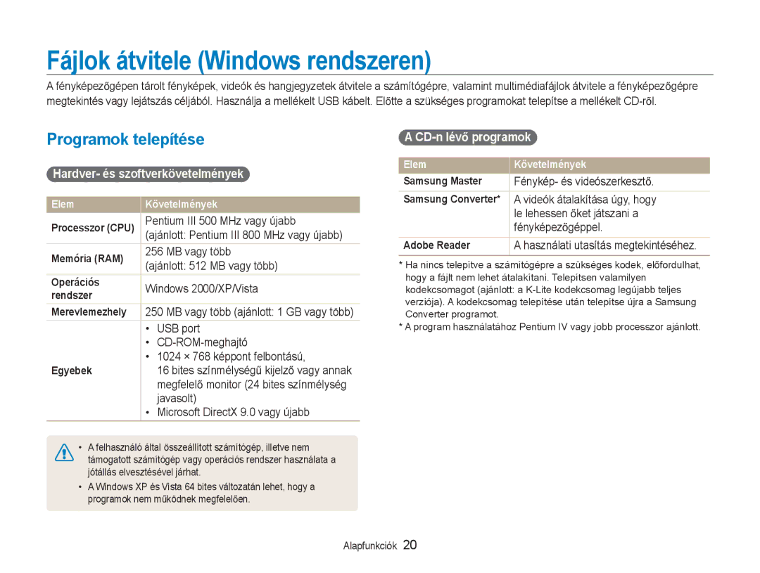 Samsung EC-NV9ZZSBB/IT manual Fájlok átvitele Windows rendszeren, Programok telepítése, Hardver- és szoftverkövetelmények 