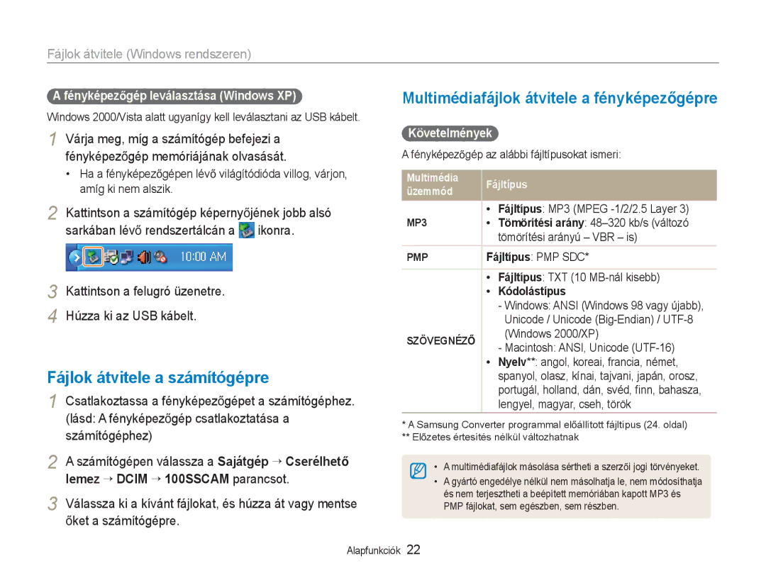 Samsung EC-NV9ZZSBA/E3 Fájlok átvitele a számítógépre, Kattintson a felugró üzenetre Húzza ki az USB kábelt, Követelmények 