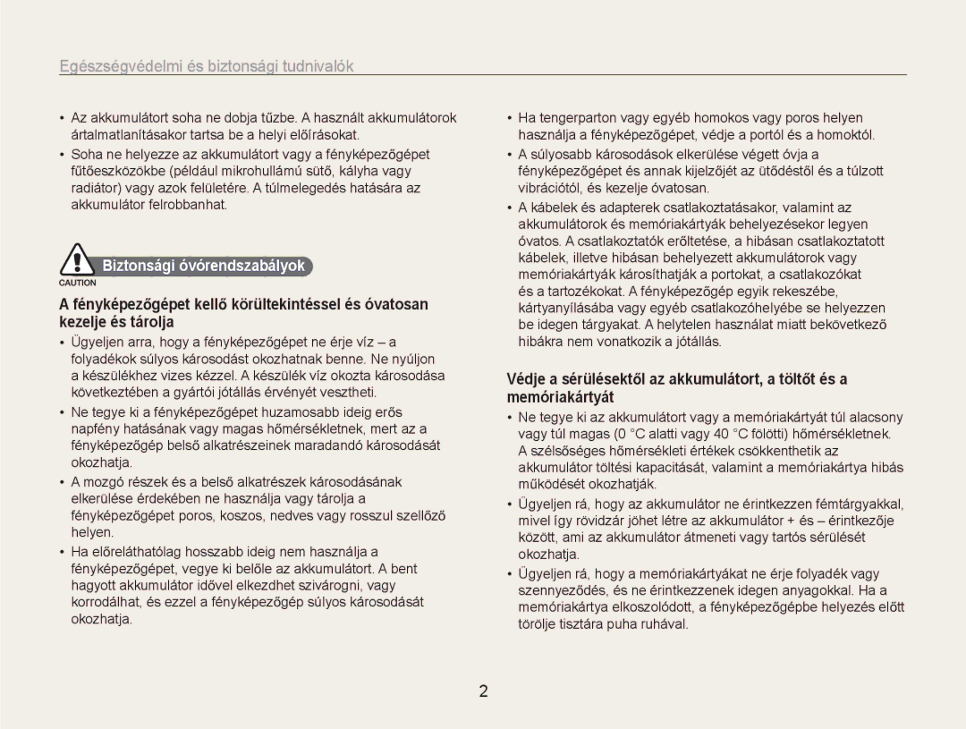 Samsung EC-NV9ZZSBB/IT, EC-NV9ZZBBA/E3 manual Egészségvédelmi és biztonsági tudnivalók, Biztonsági óvórendszabályok 