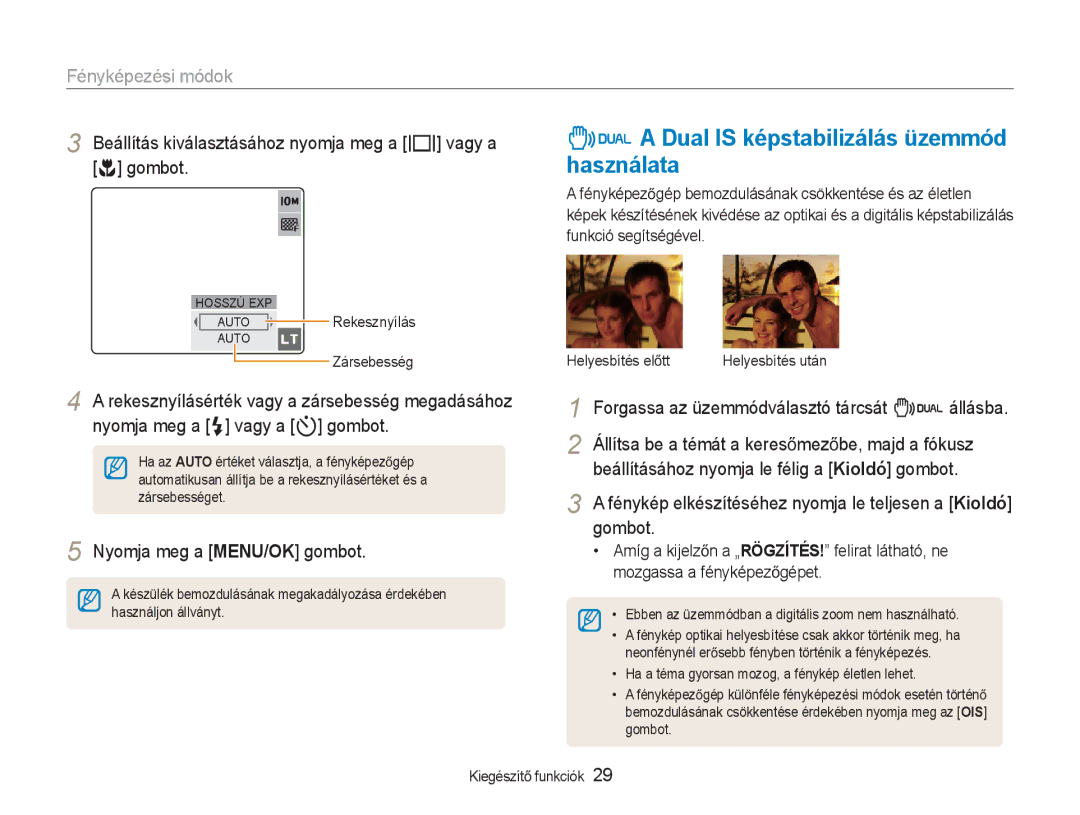 Samsung EC-NV9ZZSBB/IT, EC-NV9ZZBBA/E3, EC-NV9ZZSBA/E3 manual Dual is képstabilizálás üzemmód használata, Fényképezési módok 