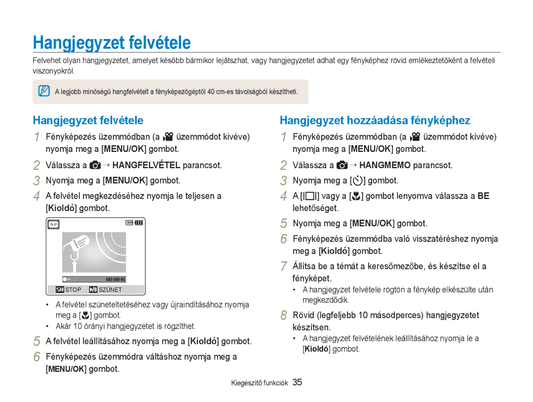 Samsung EC-NV9ZZSBB/IT, EC-NV9ZZBBA/E3 manual Hangjegyzet felvétele, Hangjegyzet hozzáadása fényképhez, MENU/OK gombot 